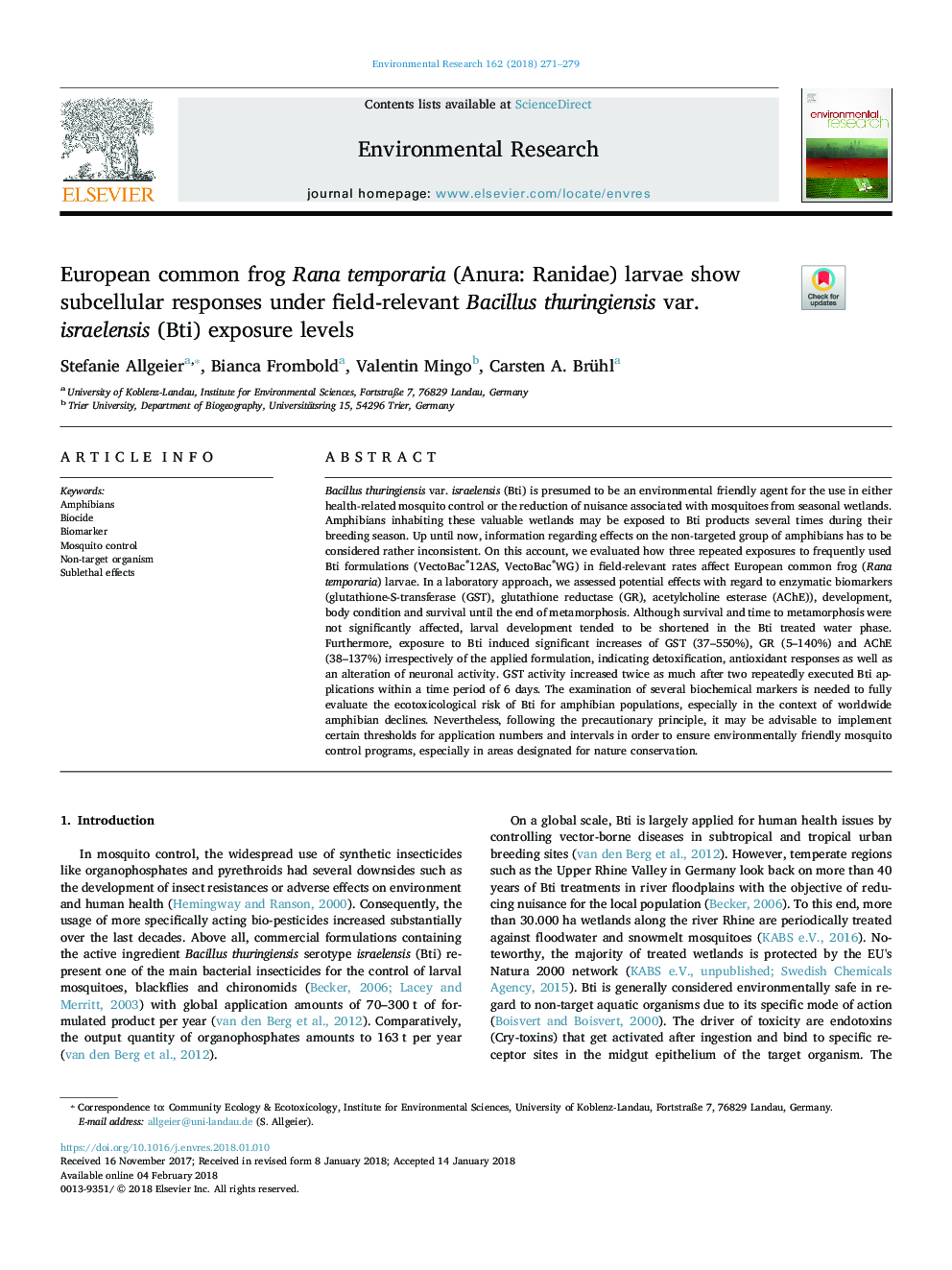 European common frog Rana temporaria (Anura: Ranidae) larvae show subcellular responses under field-relevant Bacillus thuringiensis var. israelensis (Bti) exposure levels