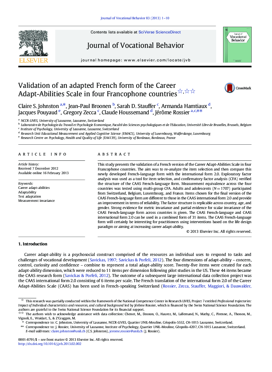 Validation of an adapted French form of the Career Adapt-Abilities Scale in four Francophone countries 