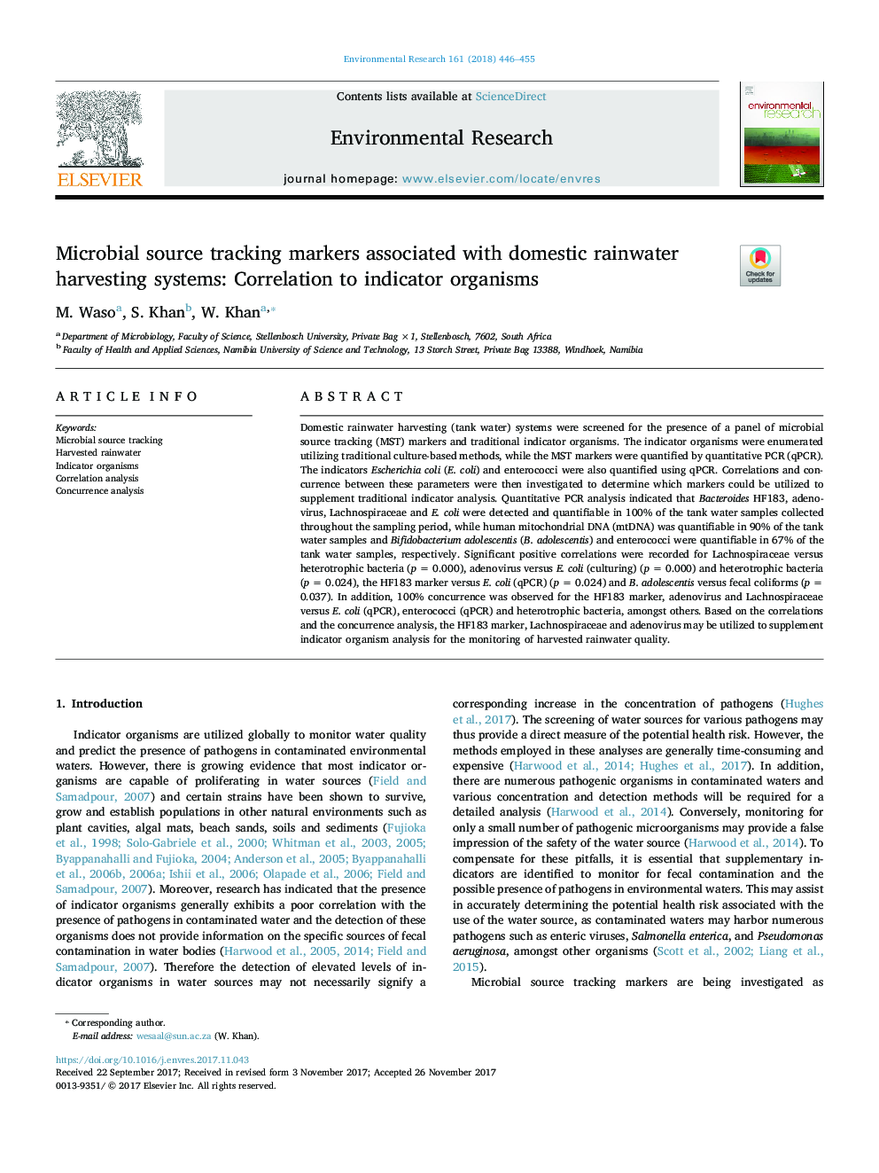 نشانگرهای ردیابی منابع میکروبی مرتبط با سیستم های برداشت خانگی باروری داخلی: همبستگی با ارگانیسم های شاخص 