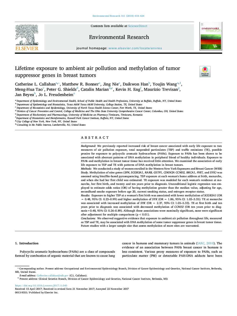 Lifetime exposure to ambient air pollution and methylation of tumor suppressor genes in breast tumors