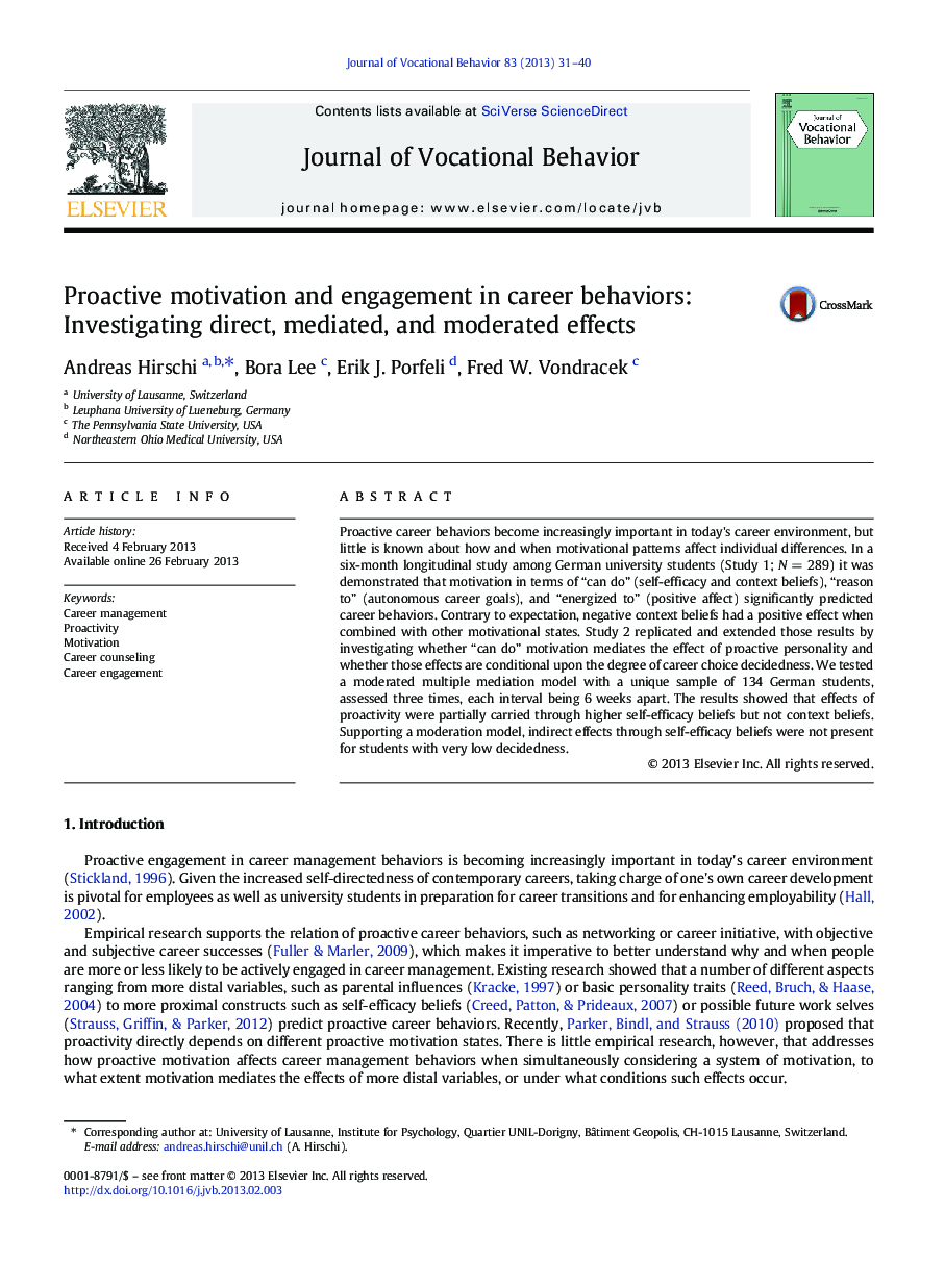 Proactive motivation and engagement in career behaviors: Investigating direct, mediated, and moderated effects