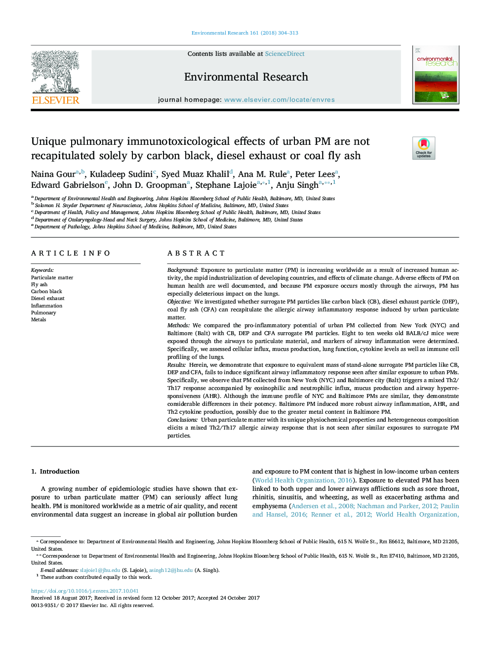 Unique pulmonary immunotoxicological effects of urban PM are not recapitulated solely by carbon black, diesel exhaust or coal fly ash