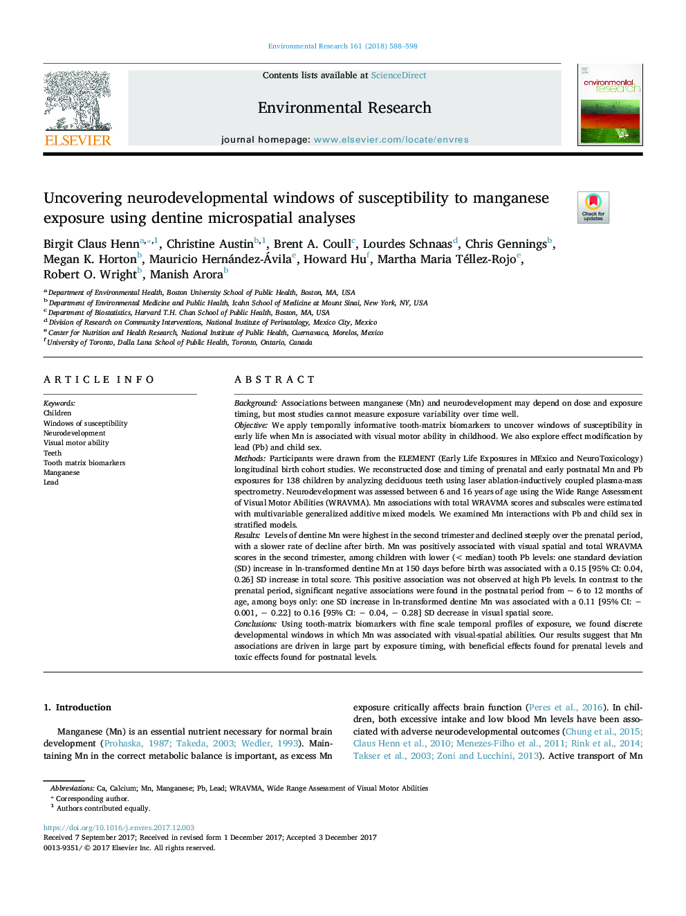 Uncovering neurodevelopmental windows of susceptibility to manganese exposure using dentine microspatial analyses