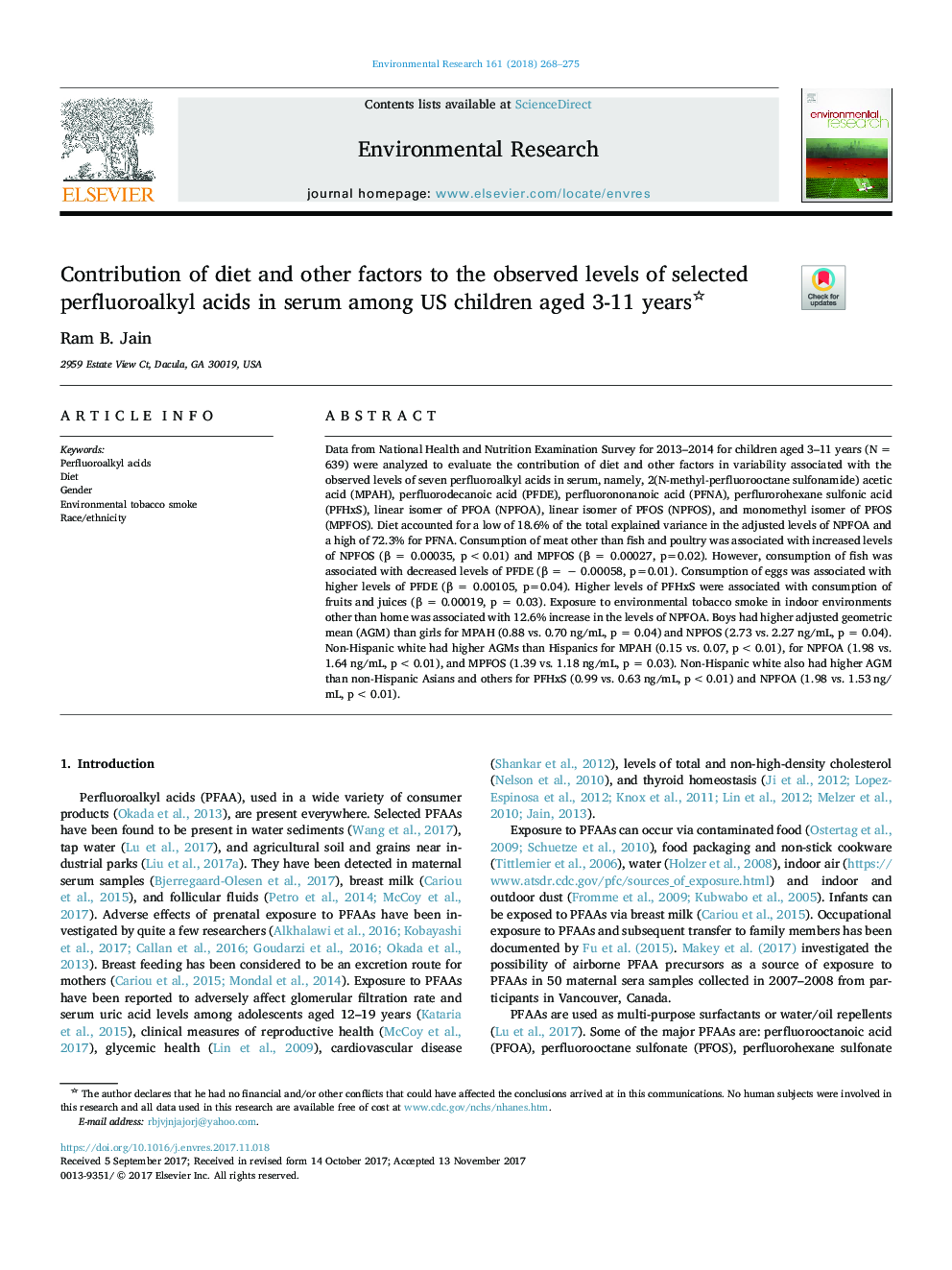 Contribution of diet and other factors to the observed levels of selected perfluoroalkyl acids in serum among US children aged 3-11 years