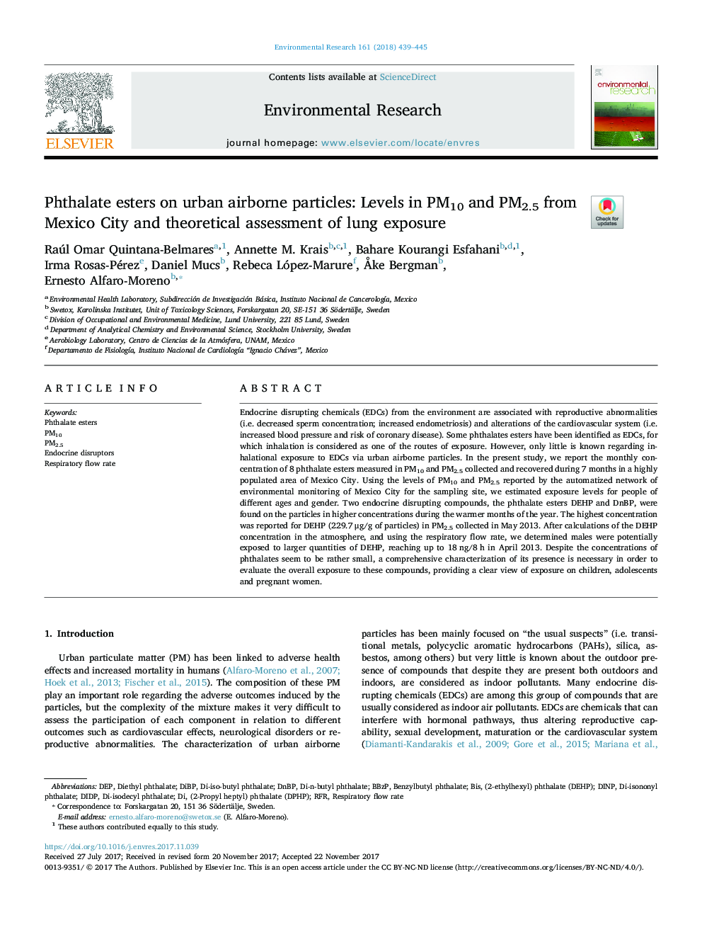 Phthalate esters on urban airborne particles: Levels in PM10 and PM2.5 from Mexico City and theoretical assessment of lung exposure