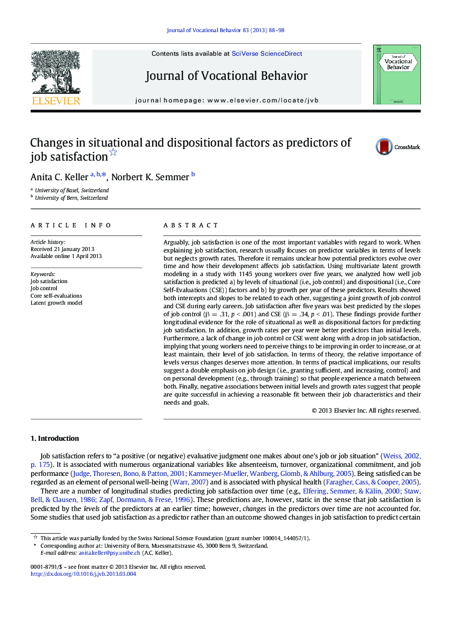 Changes in situational and dispositional factors as predictors of job satisfaction 