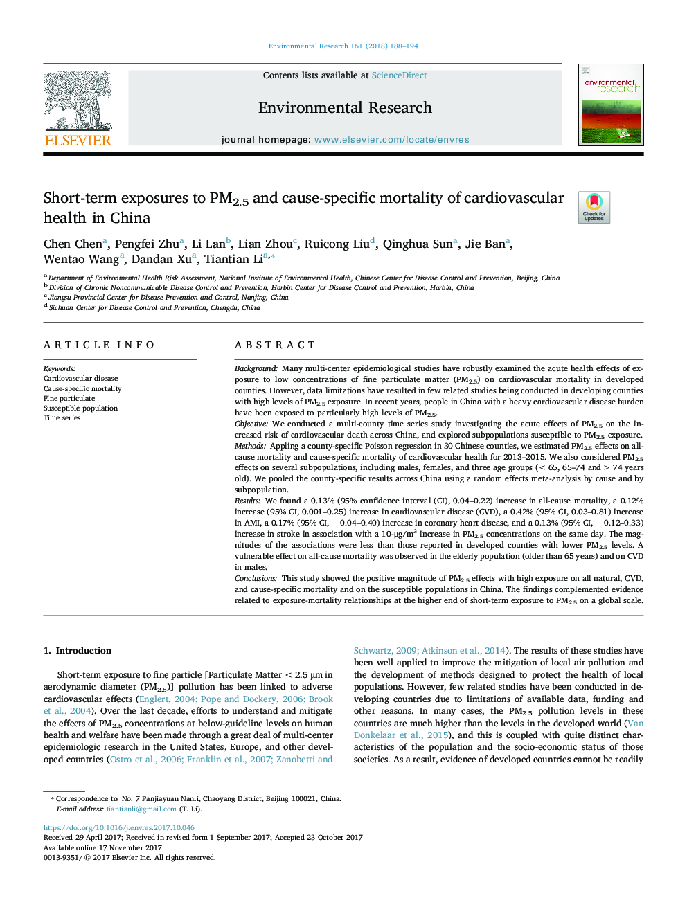 Short-term exposures to PM2.5 and cause-specific mortality of cardiovascular health in China