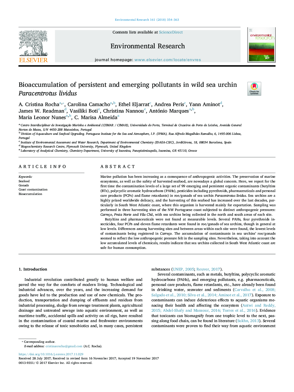 Bioaccumulation of persistent and emerging pollutants in wild sea urchin Paracentrotus lividus