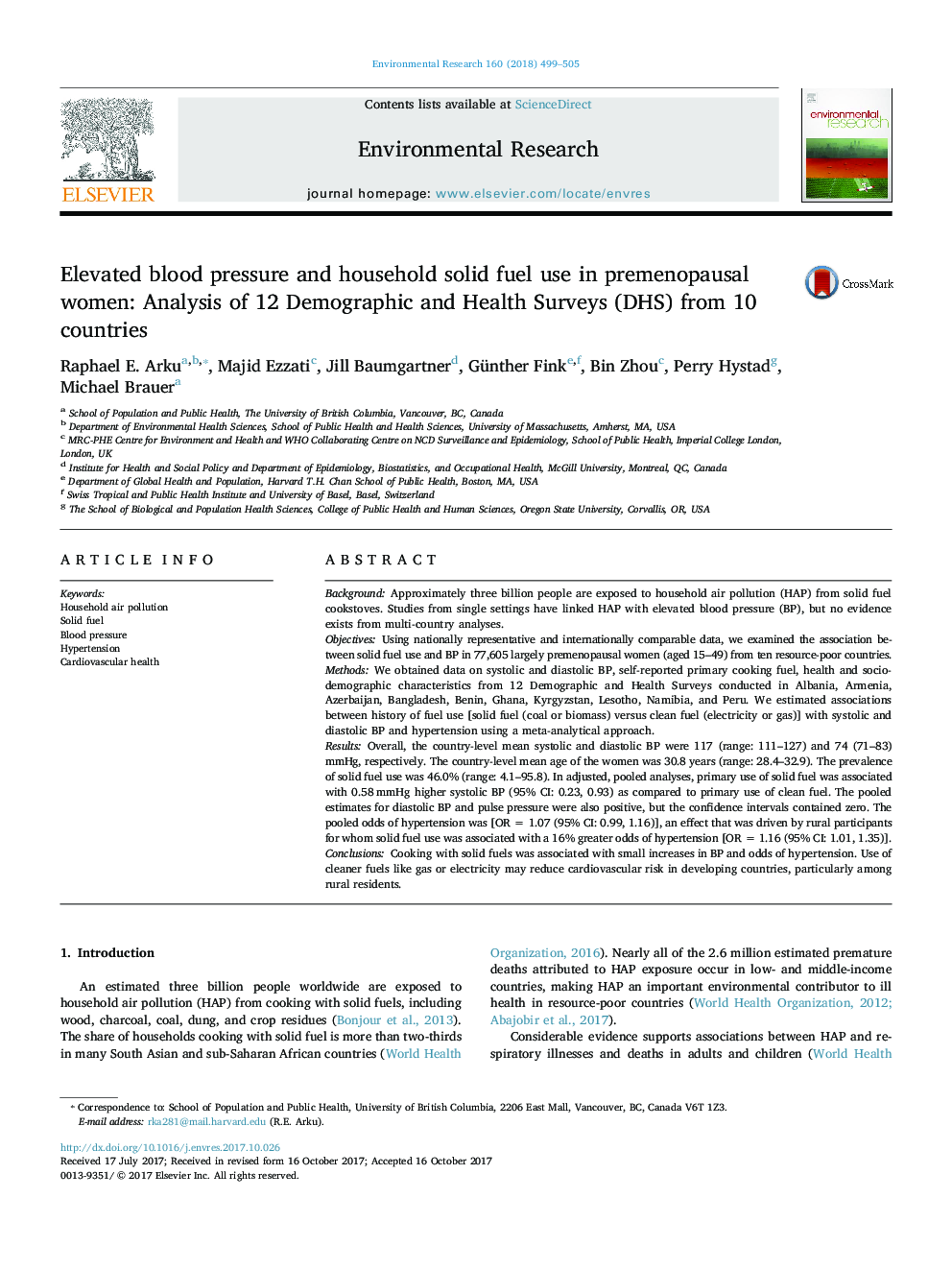 Elevated blood pressure and household solid fuel use in premenopausal women: Analysis of 12 Demographic and Health Surveys (DHS) from 10 countries