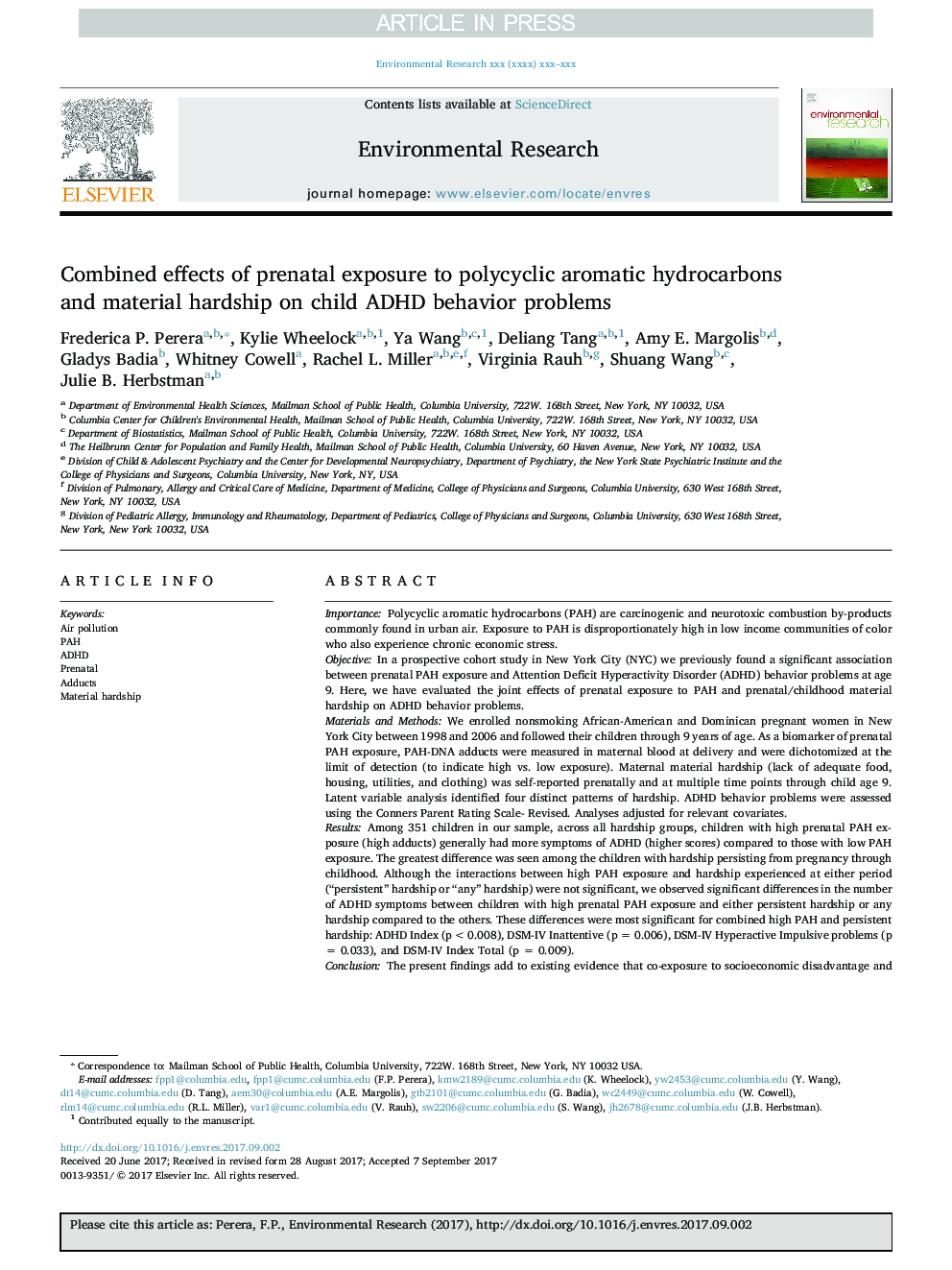 Combined effects of prenatal exposure to polycyclic aromatic hydrocarbons and material hardship on child ADHD behavior problems