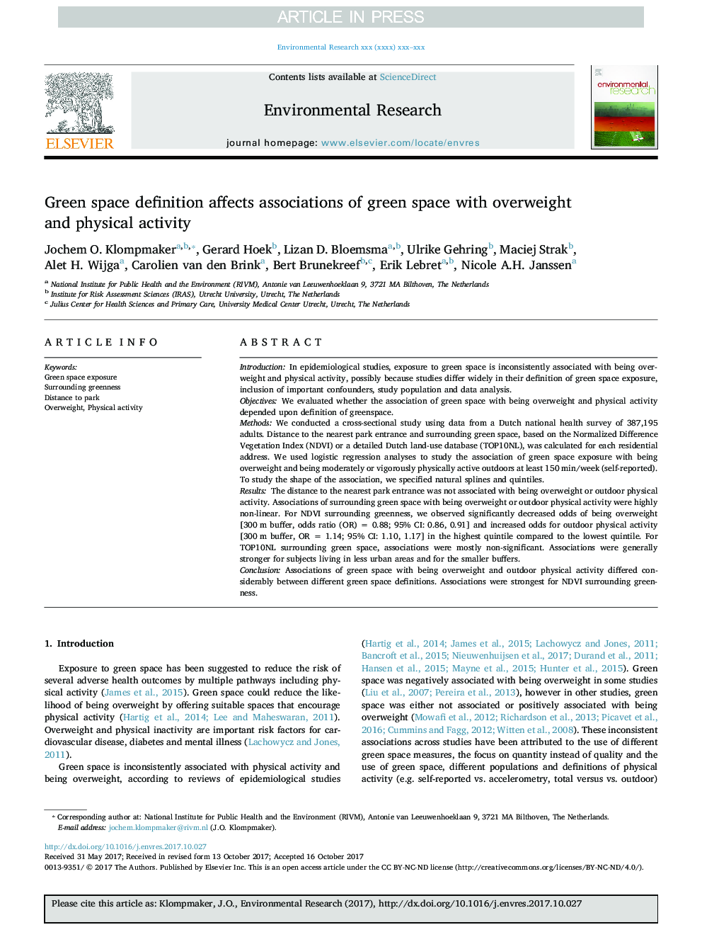 Green space definition affects associations of green space with overweight and physical activity