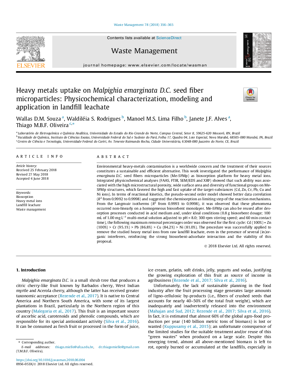 عکس صفحه اول مقاله: Heavy metals uptake on Malpighia emarginata D.C. seed fiber microparticles: Physicochemical characterization, modeling and application in landfill leachate Heavy metals uptake on Malpighia emarginata D.C. seed fiber microparticles: Physicochemical characterization, modeling and application in landfill leachate