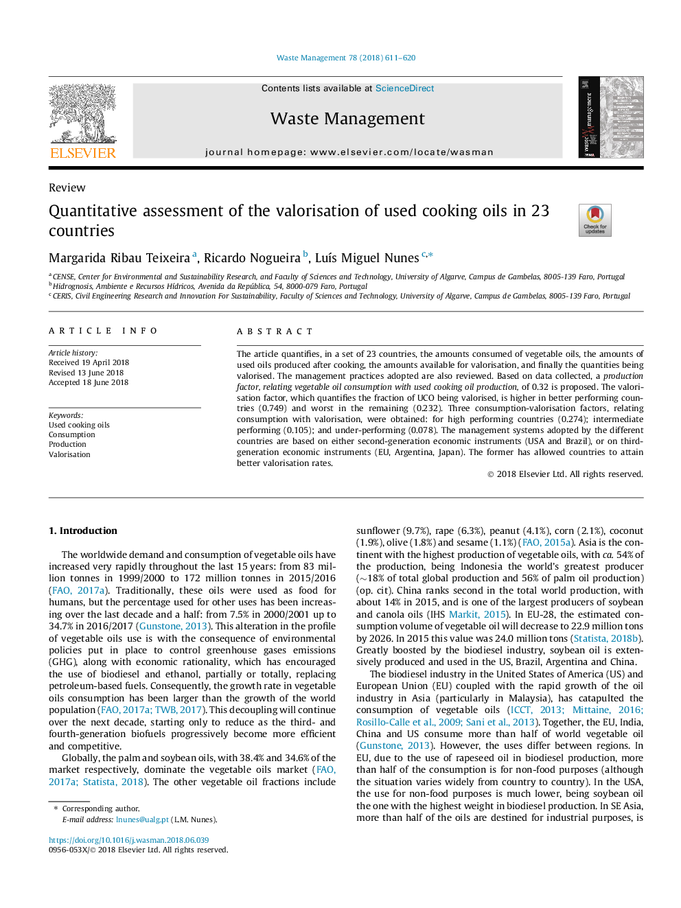 Quantitative assessment of the valorisation of used cooking oils in 23 countries