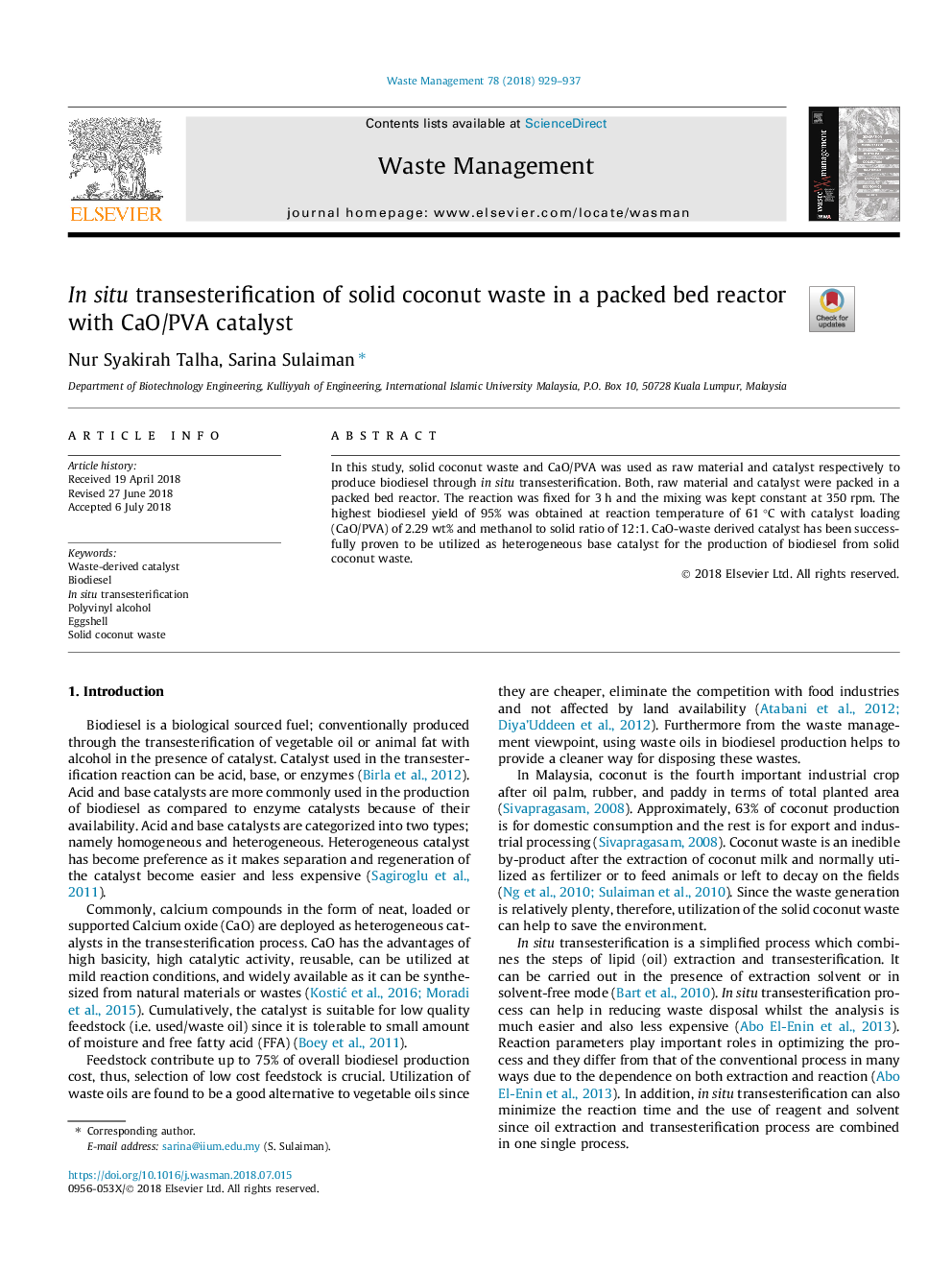 In situ transesterification of solid coconut waste in a packed bed reactor with CaO/PVA catalyst