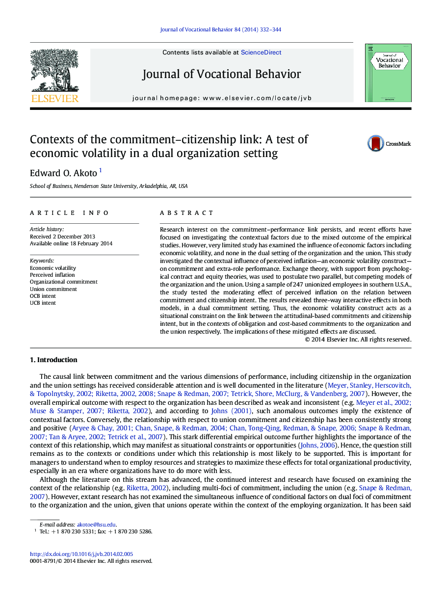 Contexts of the commitment–citizenship link: A test of economic volatility in a dual organization setting