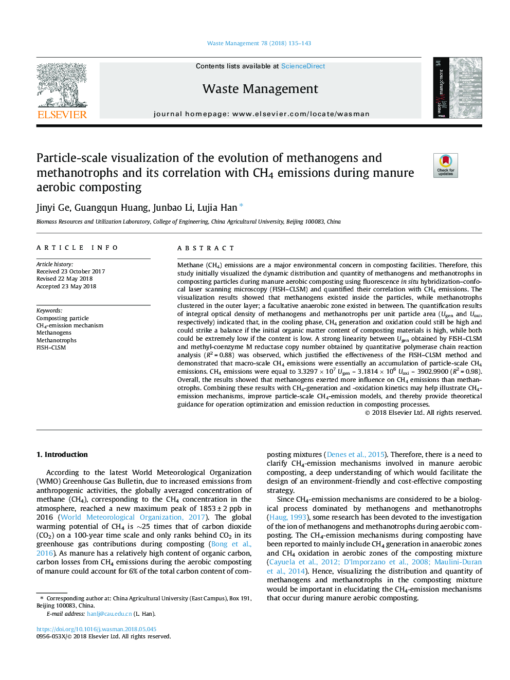 Particle-scale visualization of the evolution of methanogens and methanotrophs and its correlation with CH4 emissions during manure aerobic composting