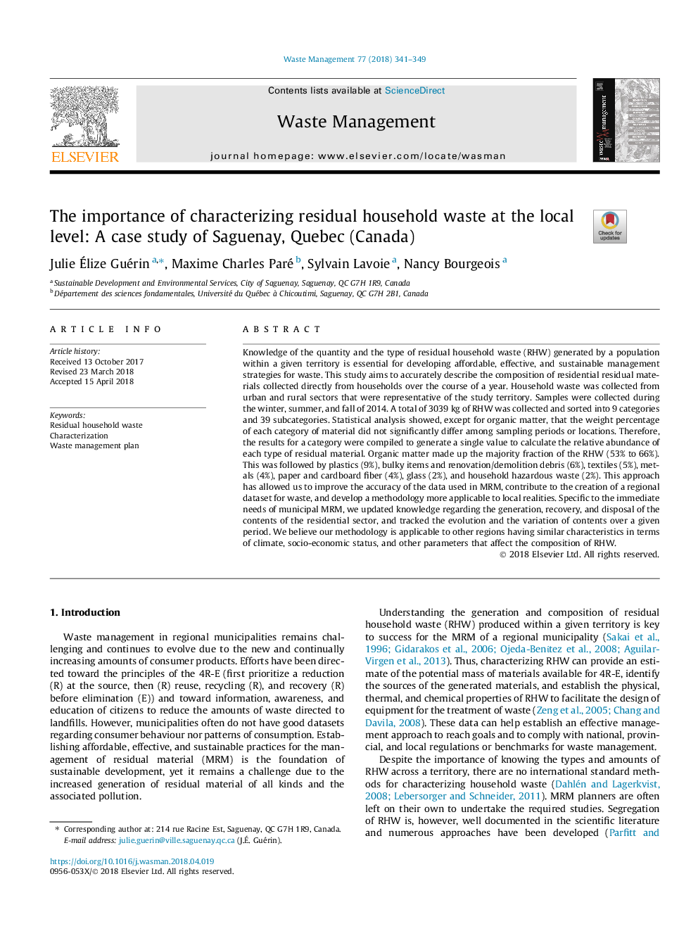 عکس صفحه اول مقاله: The importance of characterizing residual household waste at the local level: A case study of Saguenay, Quebec (Canada) The importance of characterizing residual household waste at the local level: A case study of Saguenay, Quebec (Canada)