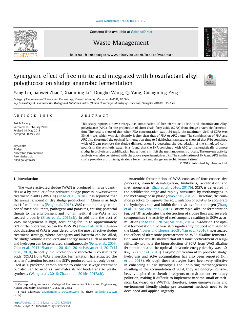 Synergistic effect of free nitrite acid integrated with biosurfactant alkyl polyglucose on sludge anaerobic fermentation