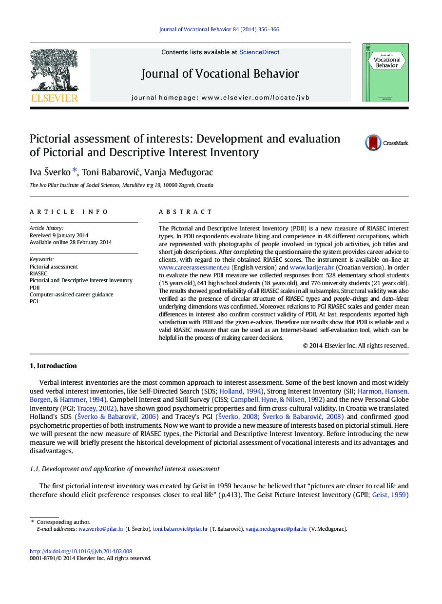 Pictorial assessment of interests: Development and evaluation of Pictorial and Descriptive Interest Inventory