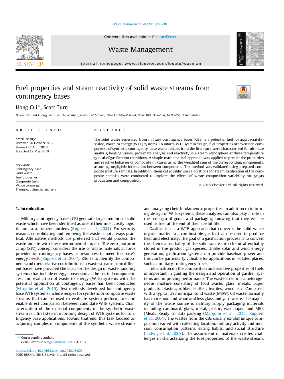 Fuel properties and steam reactivity of solid waste streams from contingency bases