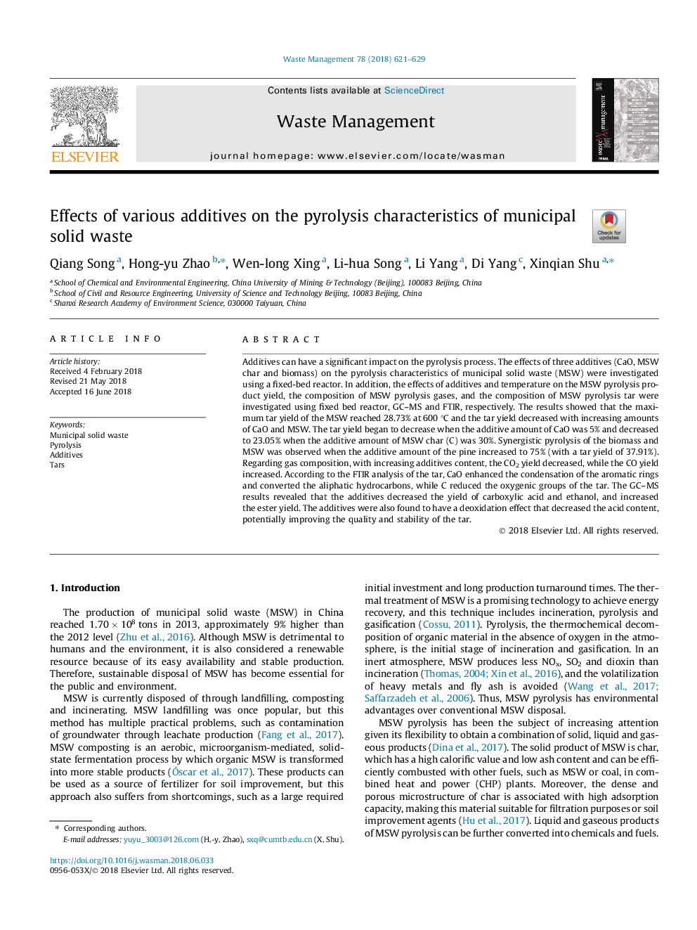 Effects of various additives on the pyrolysis characteristics of municipal solid waste