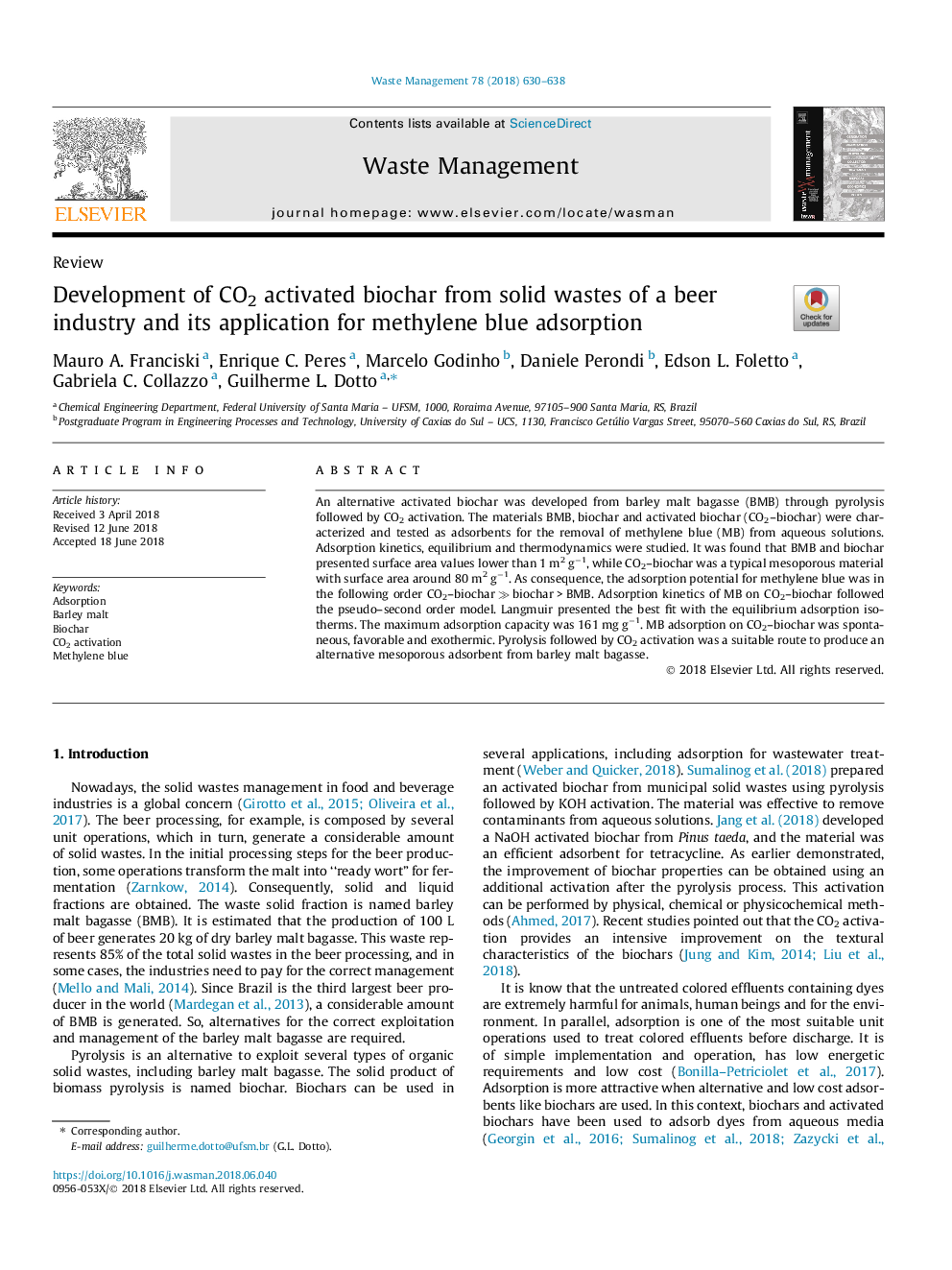 Development of CO2 activated biochar from solid wastes of a beer industry and its application for methylene blue adsorption