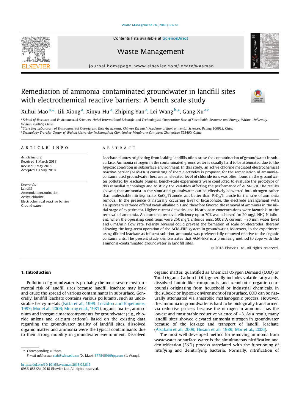 Remediation of ammonia-contaminated groundwater in landfill sites with electrochemical reactive barriers: A bench scale study