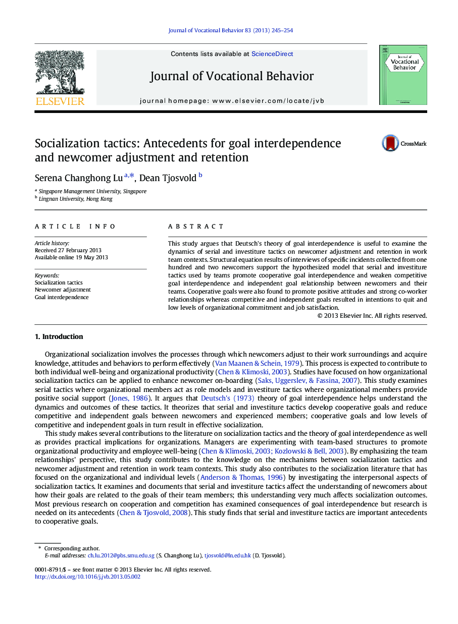 Socialization tactics: Antecedents for goal interdependence and newcomer adjustment and retention