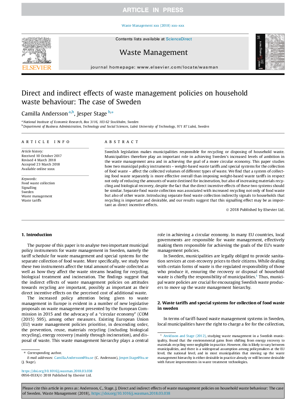 Direct and indirect effects of waste management policies on household waste behaviour: The case of Sweden