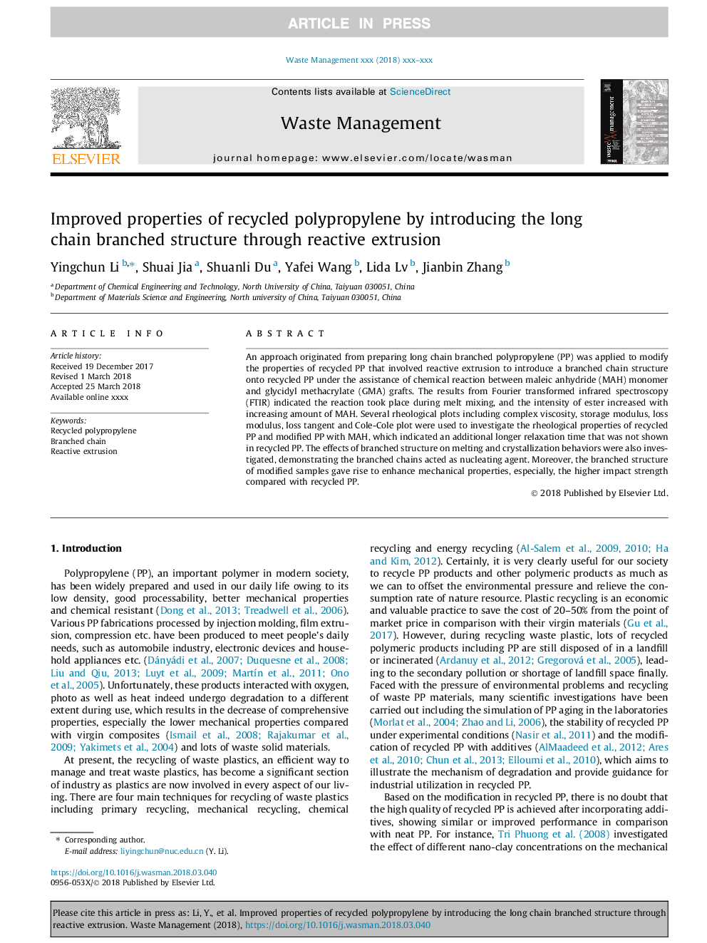 Improved properties of recycled polypropylene by introducing the long chain branched structure through reactive extrusion