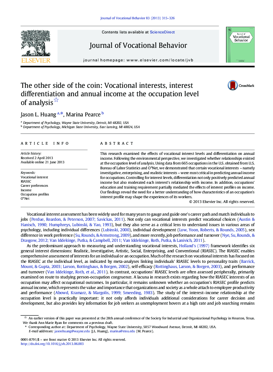 The other side of the coin: Vocational interests, interest differentiation and annual income at the occupation level of analysis 