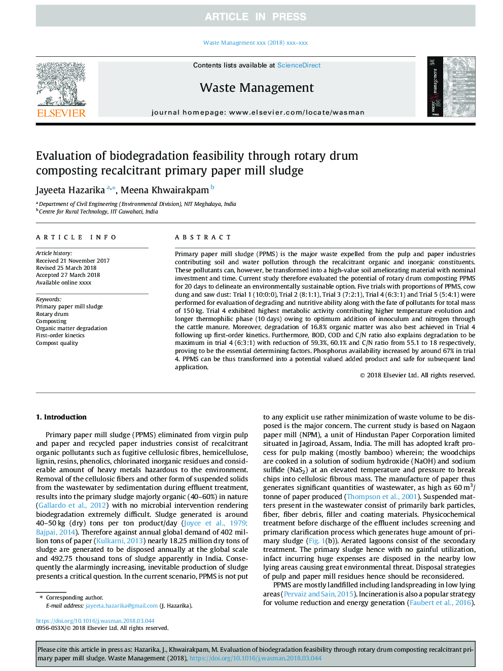 Evaluation of biodegradation feasibility through rotary drum composting recalcitrant primary paper mill sludge