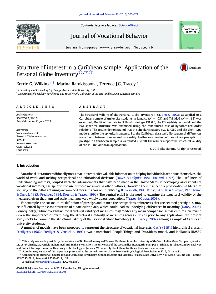 Structure of interest in a Caribbean sample: Application of the Personal Globe Inventory 