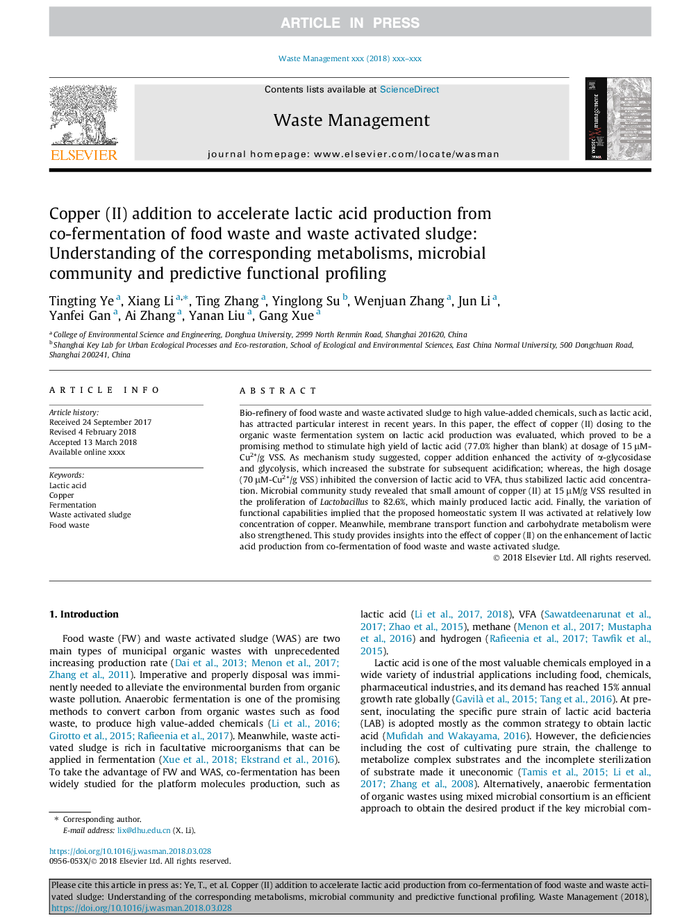 Copper (II) addition to accelerate lactic acid production from co-fermentation of food waste and waste activated sludge: Understanding of the corresponding metabolisms, microbial community and predictive functional profiling