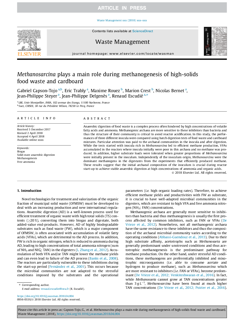 Methanosarcina plays a main role during methanogenesis of high-solids food waste and cardboard