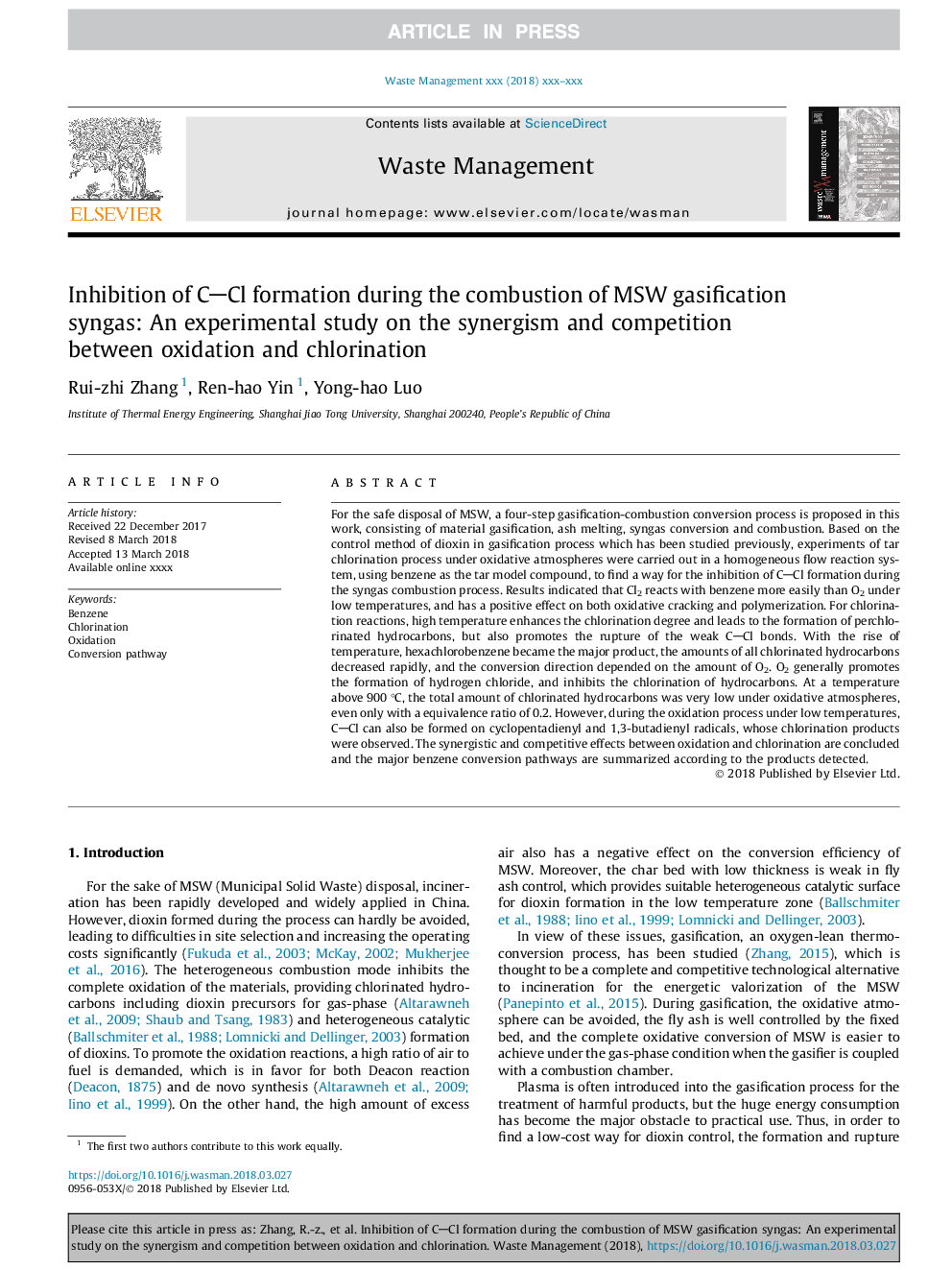 Inhibition of CCl formation during the combustion of MSW gasification syngas: An experimental study on the synergism and competition between oxidation and chlorination