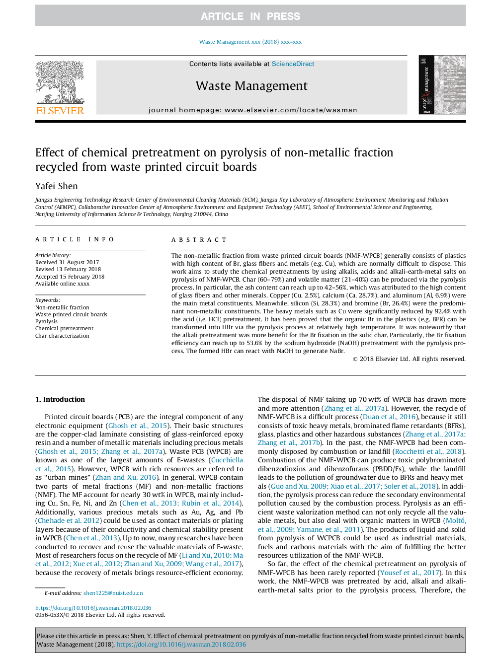 Effect of chemical pretreatment on pyrolysis of non-metallic fraction recycled from waste printed circuit boards