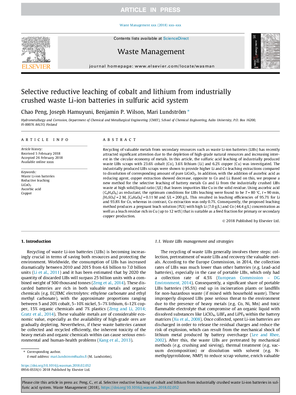 Selective reductive leaching of cobalt and lithium from industrially crushed waste Li-ion batteries in sulfuric acid system