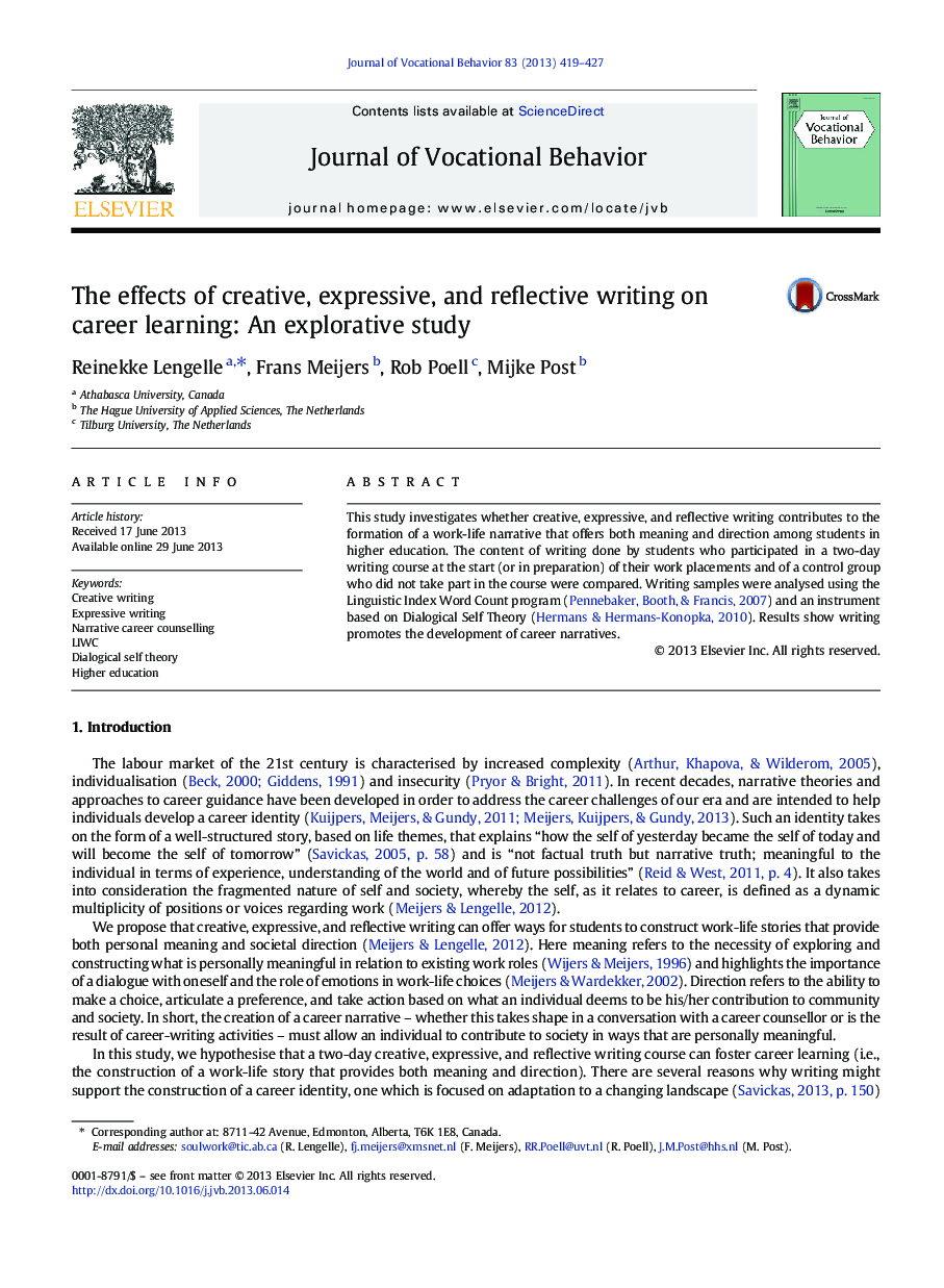 The effects of creative, expressive, and reflective writing on career learning: An explorative study