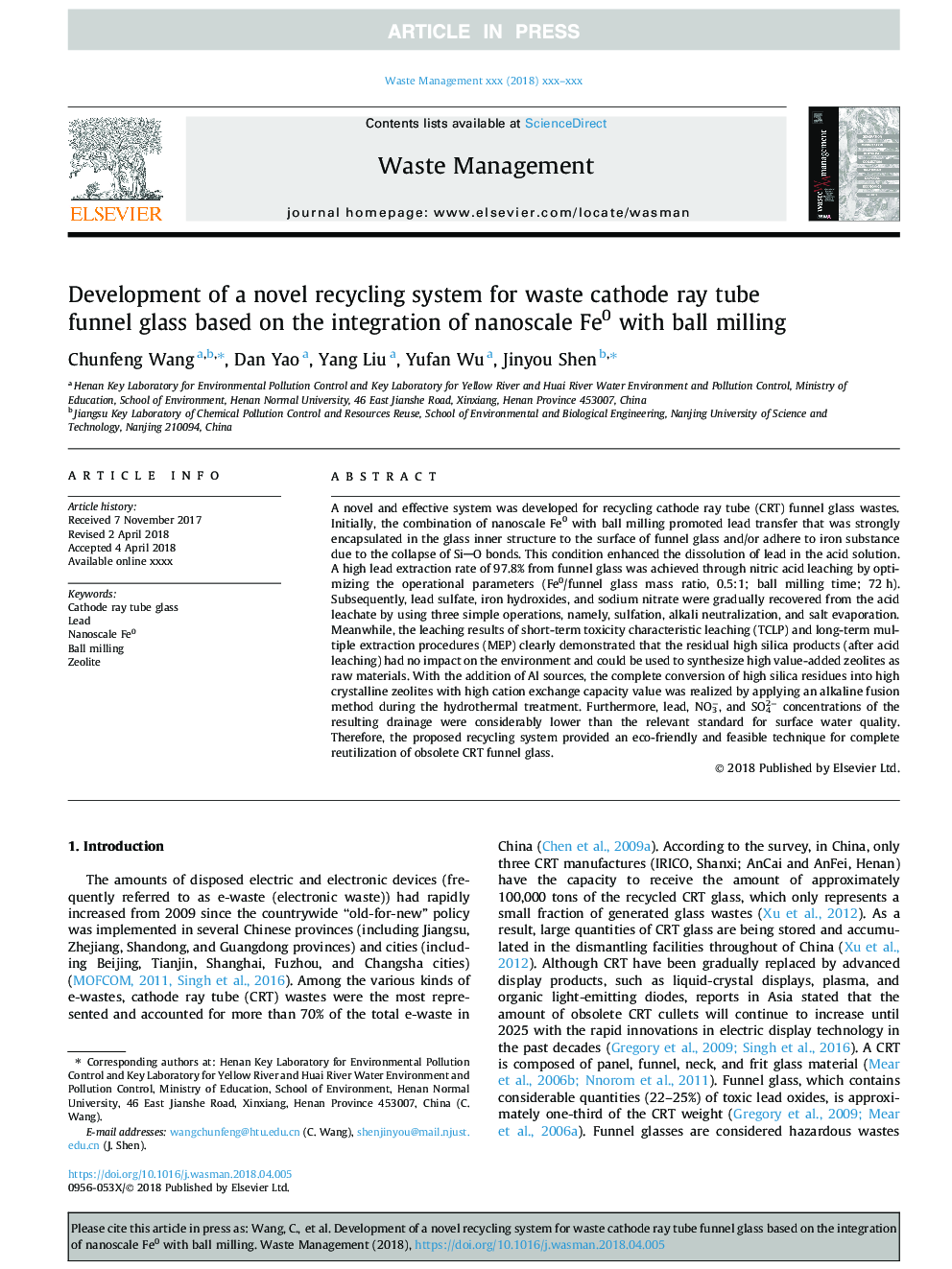 Development of a novel recycling system for waste cathode ray tube funnel glass based on the integration of nanoscale Fe0 with ball milling