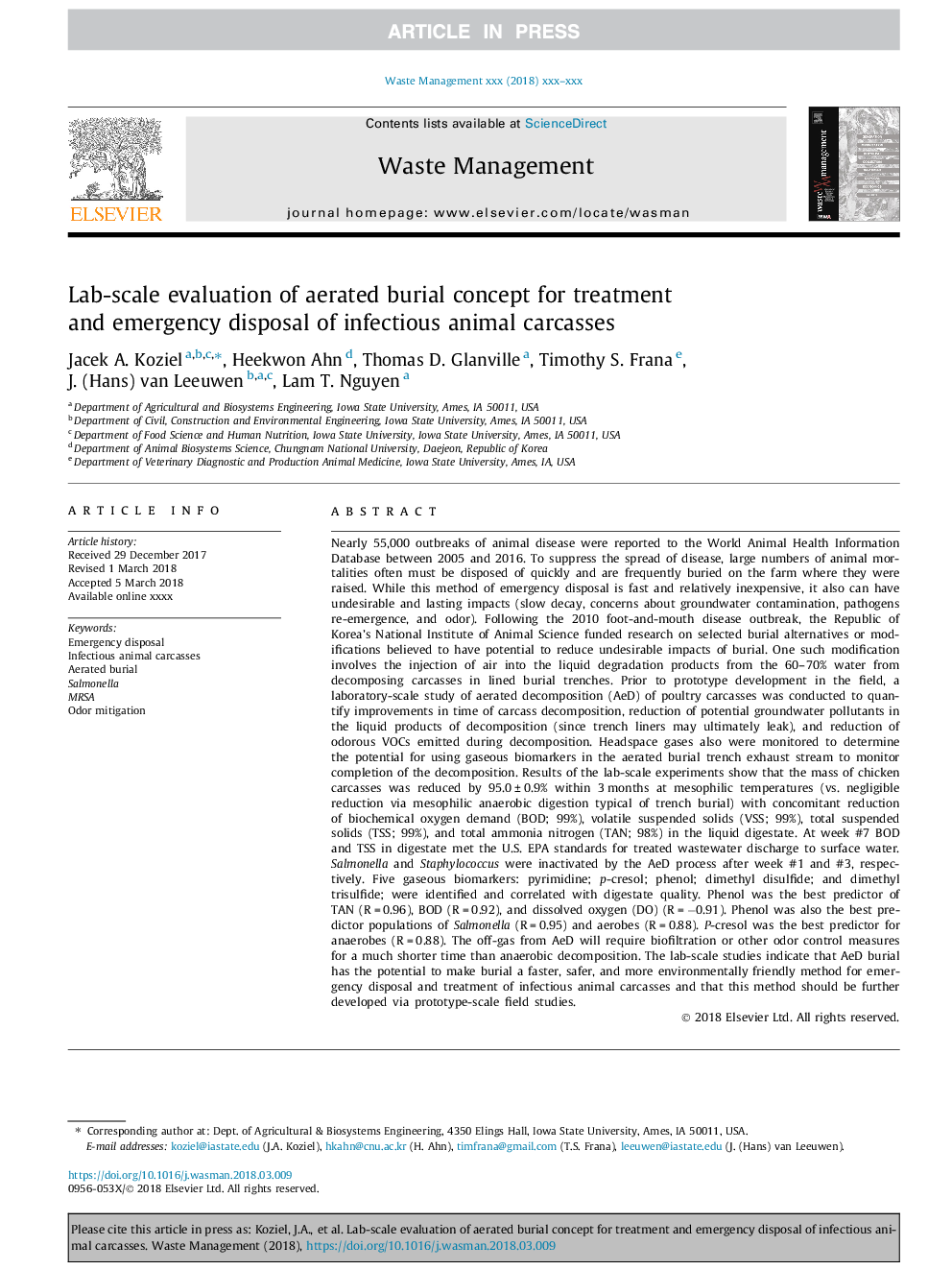 Lab-scale evaluation of aerated burial concept for treatment and emergency disposal of infectious animal carcasses