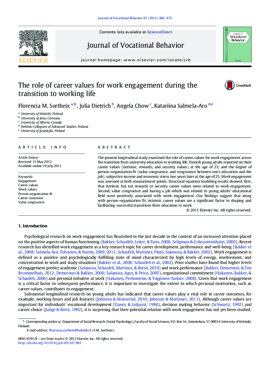 The role of career values for work engagement during the transition to working life