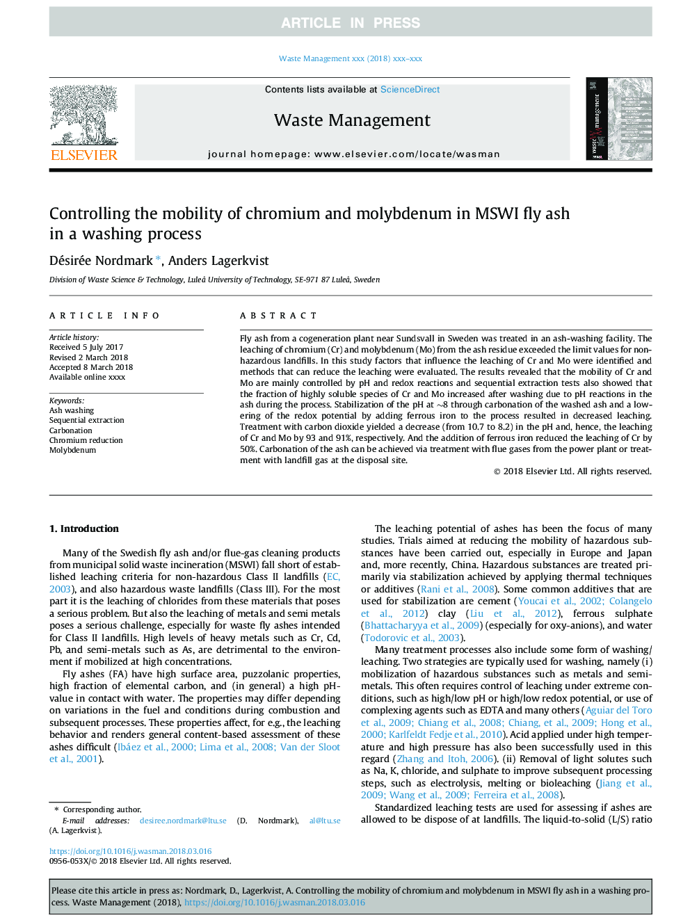 Controlling the mobility of chromium and molybdenum in MSWI fly ash in a washing process