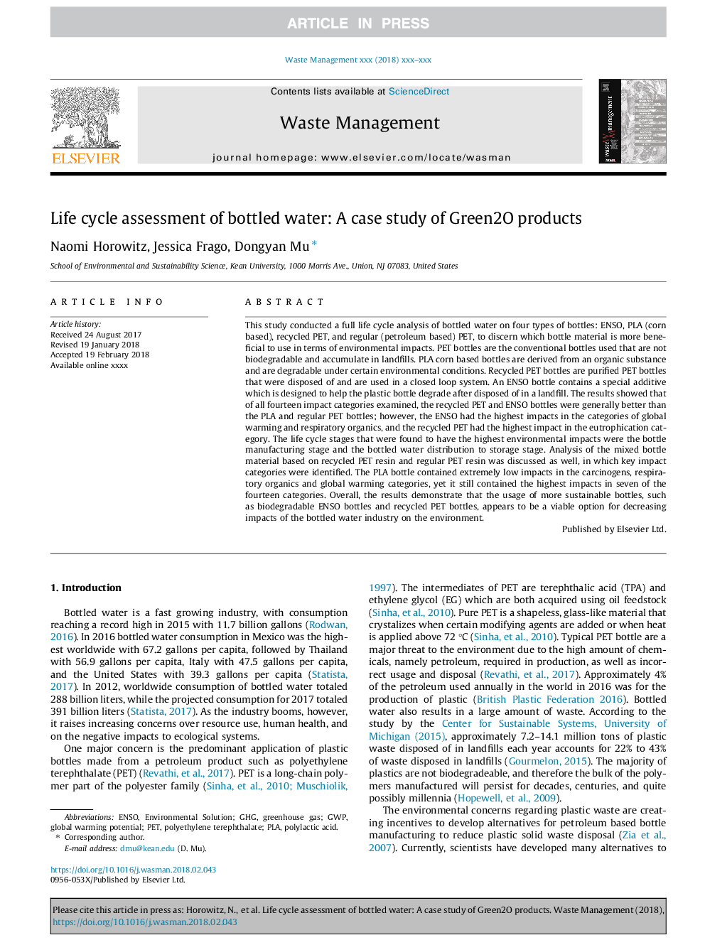 Life cycle assessment of bottled water: A case study of Green2O products