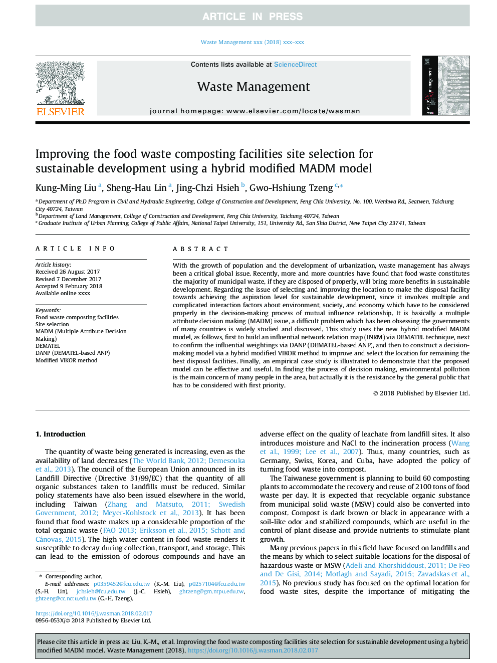 Improving the food waste composting facilities site selection for sustainable development using a hybrid modified MADM model