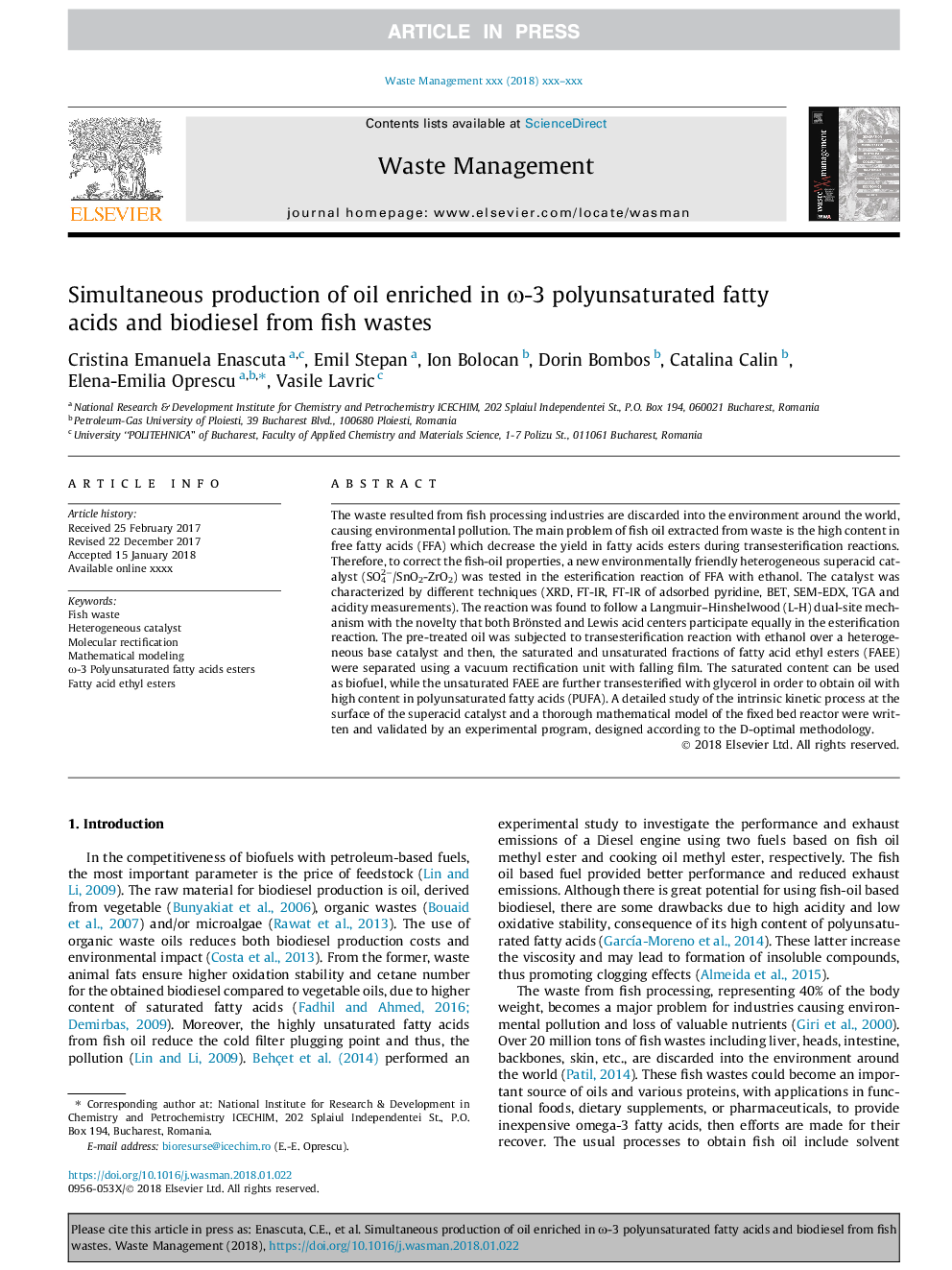 Simultaneous production of oil enriched in Ï-3 polyunsaturated fatty acids and biodiesel from fish wastes