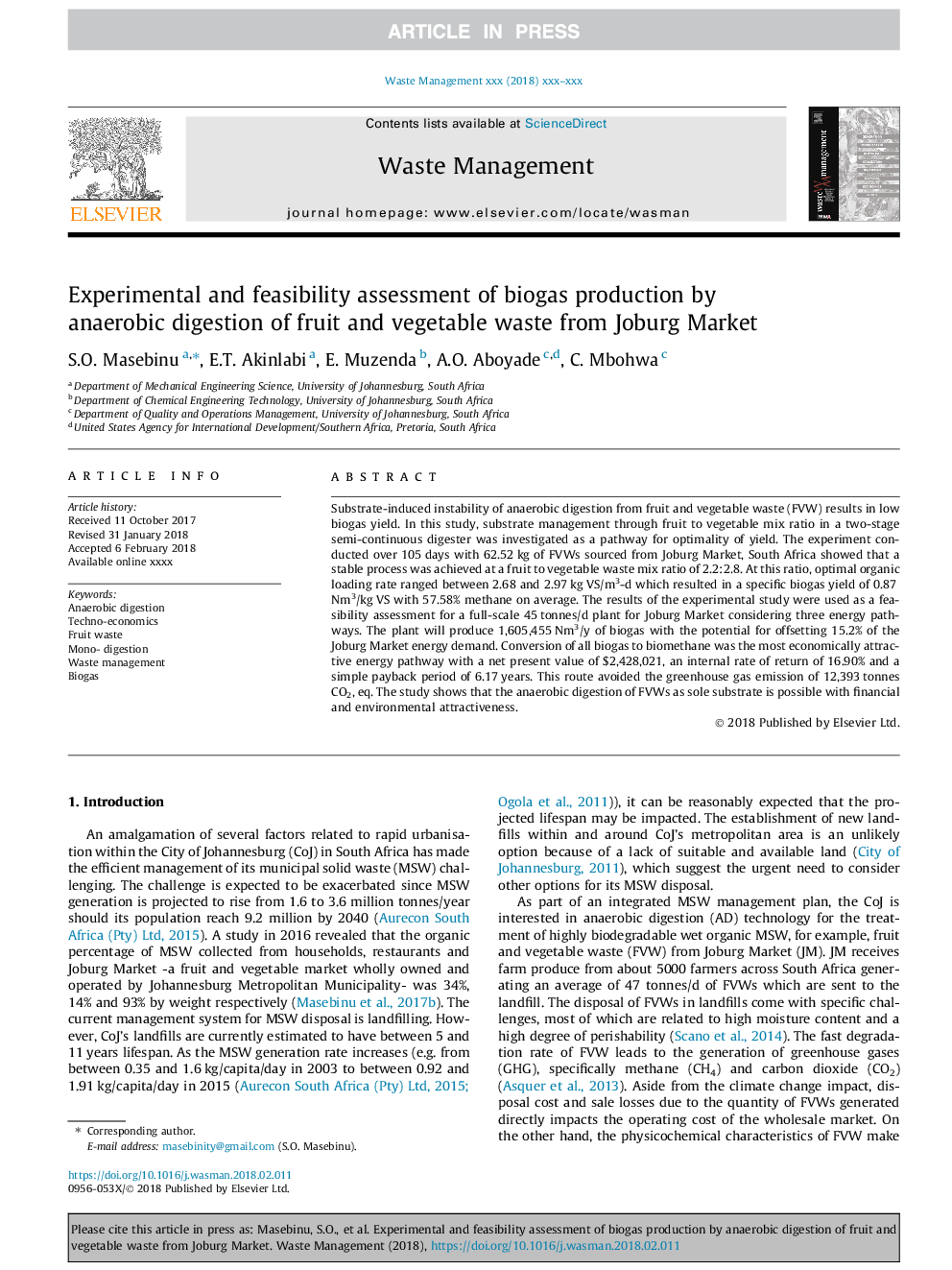 Experimental and feasibility assessment of biogas production by anaerobic digestion of fruit and vegetable waste from Joburg Market