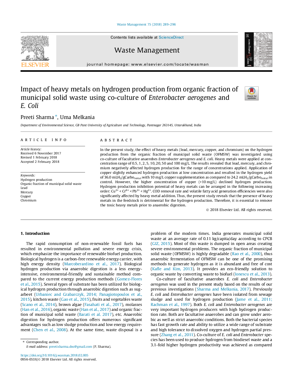 Impact of heavy metals on hydrogen production from organic fraction of municipal solid waste using co-culture of Enterobacter aerogenes and E. Coli