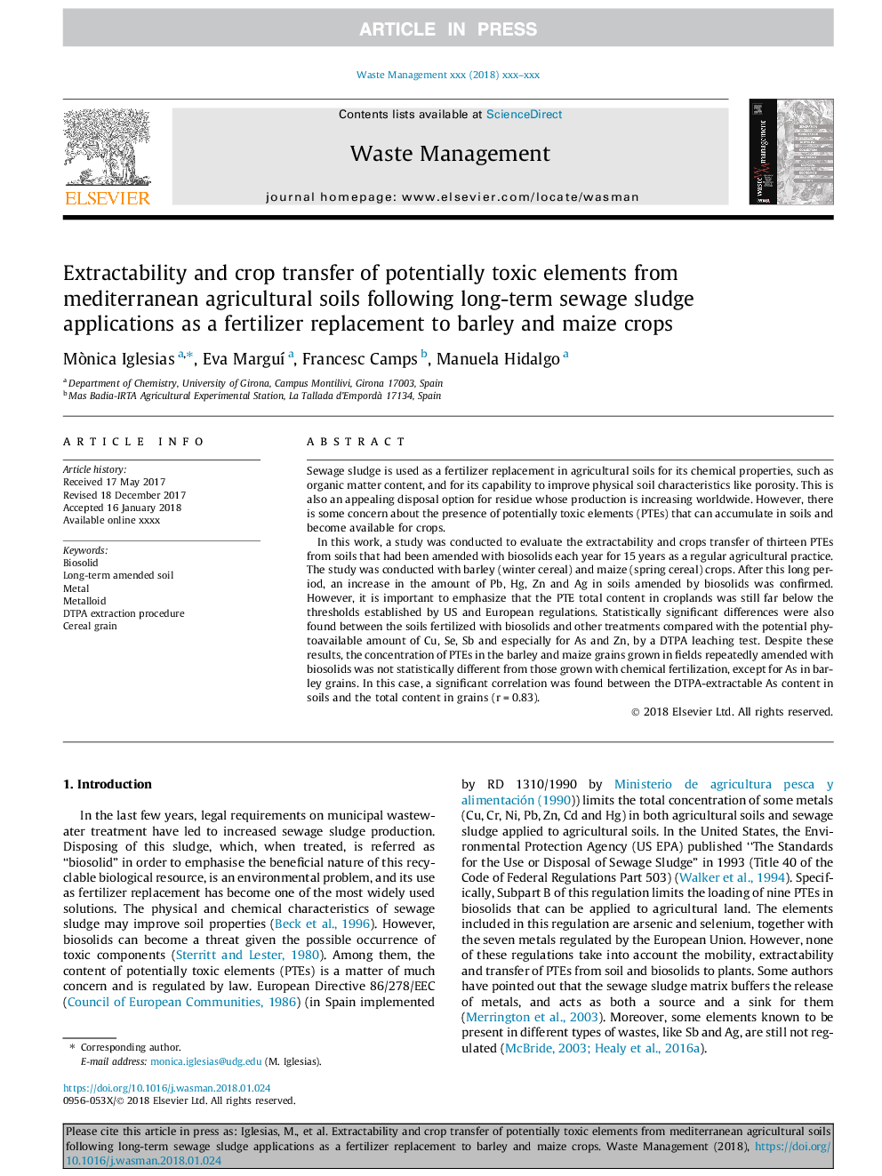 Extractability and crop transfer of potentially toxic elements from mediterranean agricultural soils following long-term sewage sludge applications as a fertilizer replacement to barley and maize crops