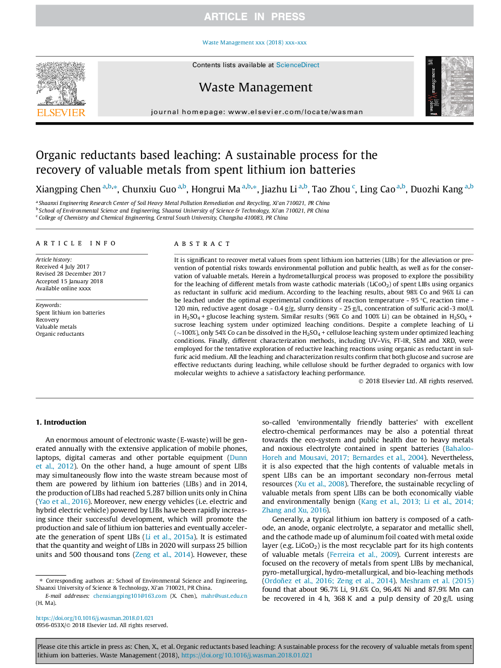 Organic reductants based leaching: A sustainable process for the recovery of valuable metals from spent lithium ion batteries